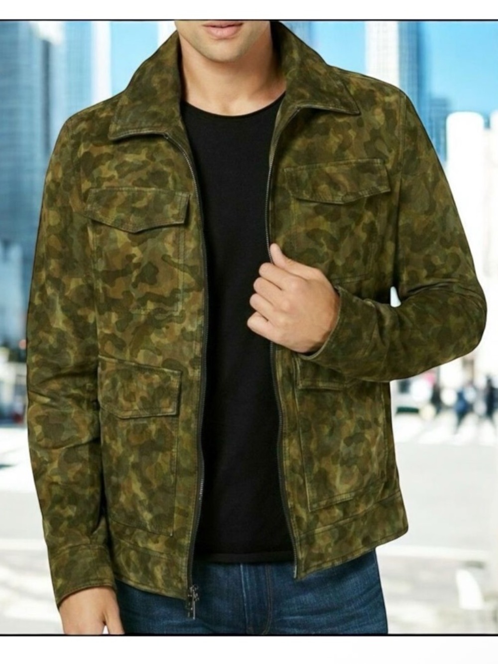 MICHAEL KORS Green Camo Suede Leather Utility Jacket M